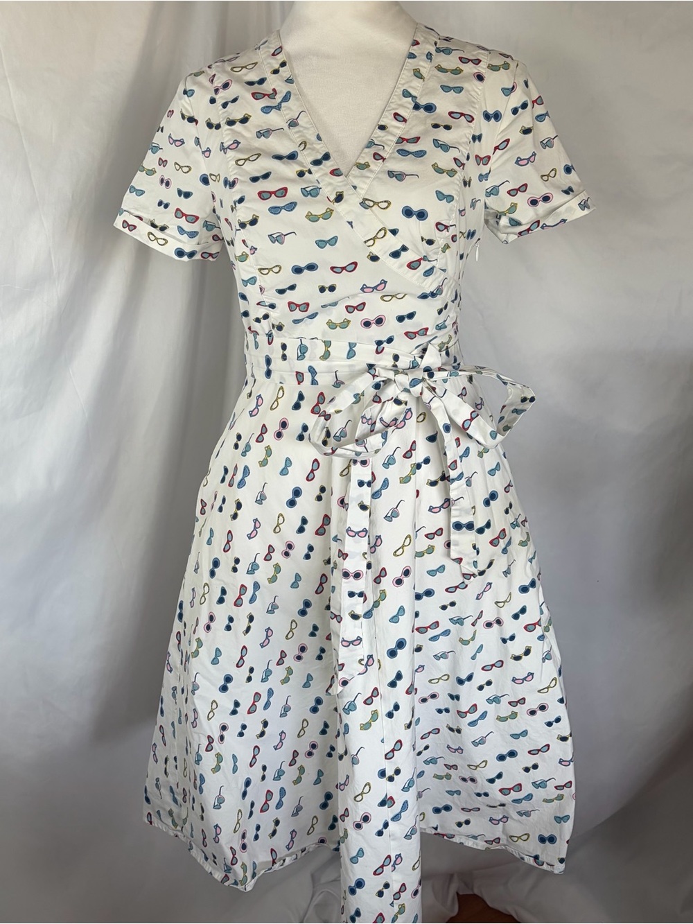 Boden Lara Faux Wrap Fit & Flare Dress White with Multicolor Sunglasses Print 6L
